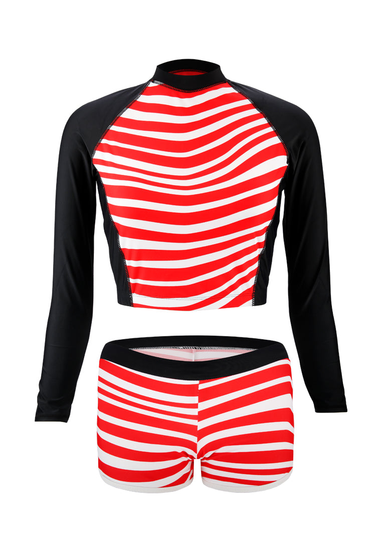 Stripes Cropped Top Rash guard And Swim Shorts Set