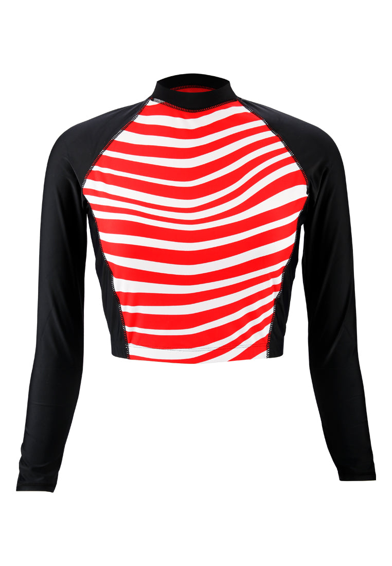 Stripes Cropped Top Rash guard And Swim Shorts Set